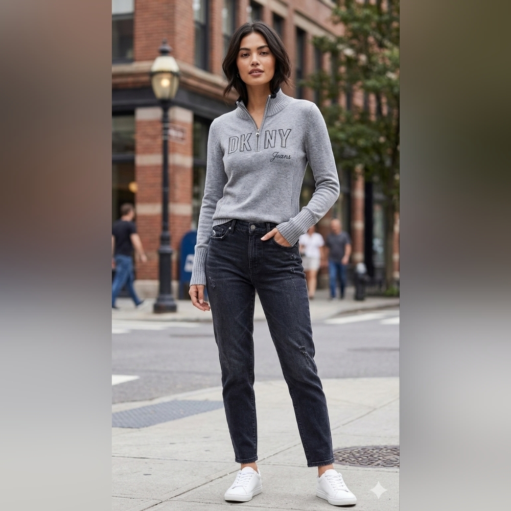 DKNY Jeans Grey Quarter-Zip Pullover Sweater Mock Neck Ribbed Knit